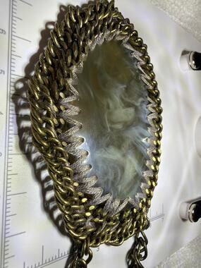 Vintage Gold Tone Chain Mail Necklace Mother of Pearl Pendant Statement Jewelry